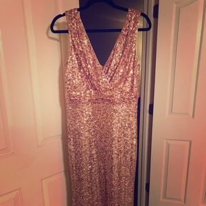 Belle Badgley Mischa rose gold sequin dress.